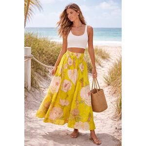 Farm Rio Large Floral cotton Maxi length skirt Yellow botanical flowy maximalist